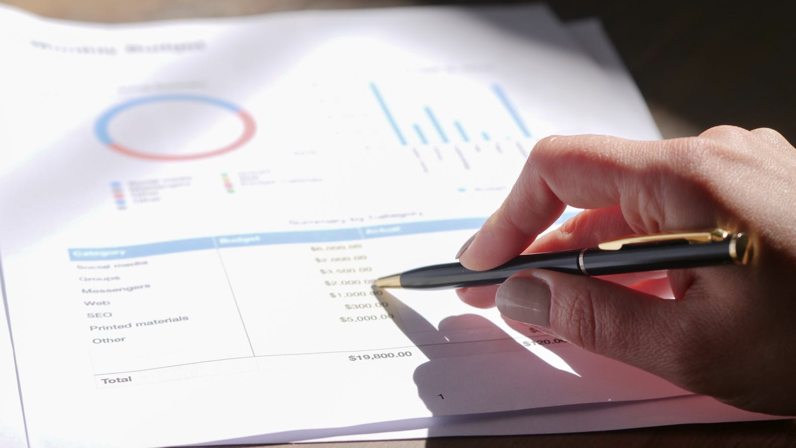 Photo by Kindel Media Hand holding pen, analyzing budget with charts and graph paper.