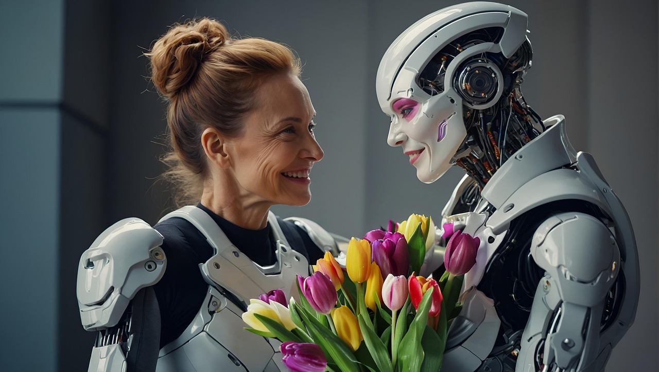 ai generated, cyborg, robot, nature, happy mothers day, flowers, mother, child, artificial, artificial intelligence, smile, joy, future
